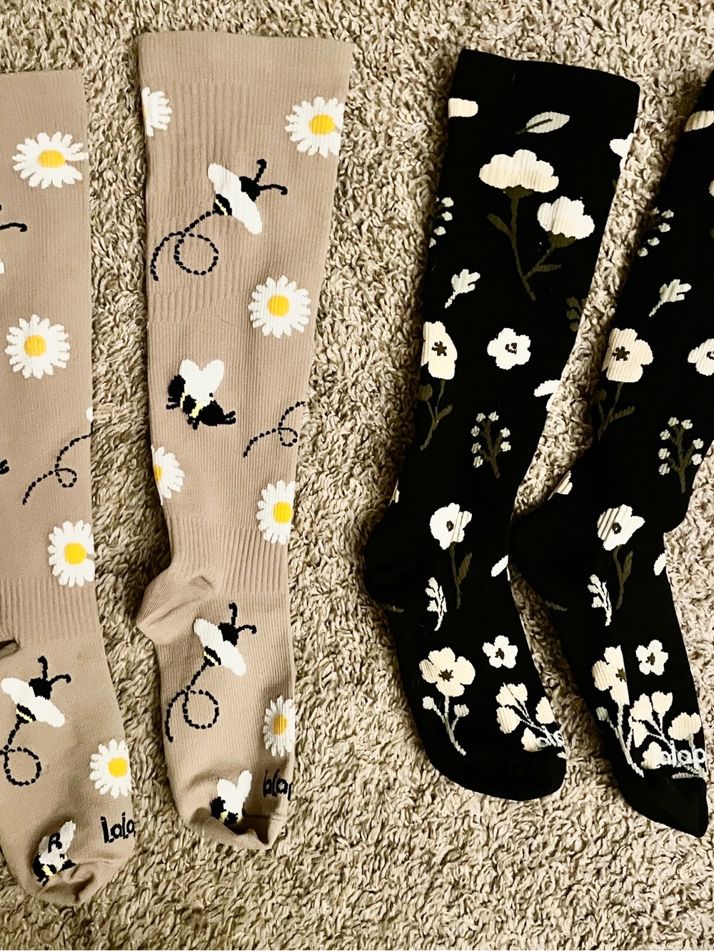 Floral Knee-High Socks — Beige Daisy & Black Bloom (2-Pack)